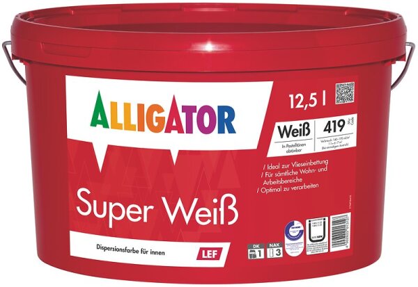 ALLIGATOR Super Weiß LEF 12,5L, RAL 9016 hochdenkende Dispersions-Innenfarbe für optimales Oberflächenfinish, für sämtliche Wohn- und Arbeitsbereiche