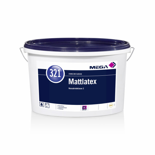 Mega 321 Mattlatex weiß, Innenfarbe max. Deckkraft 1, lösemittel- und weichmacherfrei, umweltschonend, beständig gegen wässrige Desinfektionsmittel