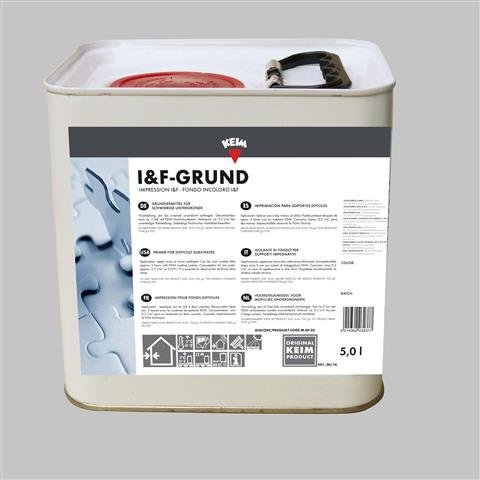 KEIM I&F-Grund 5L, lösemittelhaltiges Grundiermittel, hoher Wasserdampfdurchlässigkeit, Verfestigung besonders schwierig. Untergründe