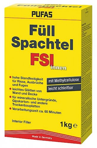 PUFAS Füllspachtel FSI 1KG, Celluloseverstärkte Gipsspachtelmasse, hohe Standfestigkeit für Risse, Ausbrüche und Fugen, für Innen