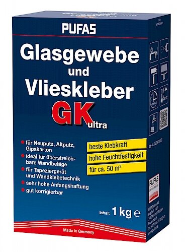 PUFAS Glasgewebe- Vlieskleber GK ultra 0,5KG, weiß, beste Klebkraft, für Neuputz, Altputz, Gipskarton, für Tapeziergerät und Wandklebetechnik