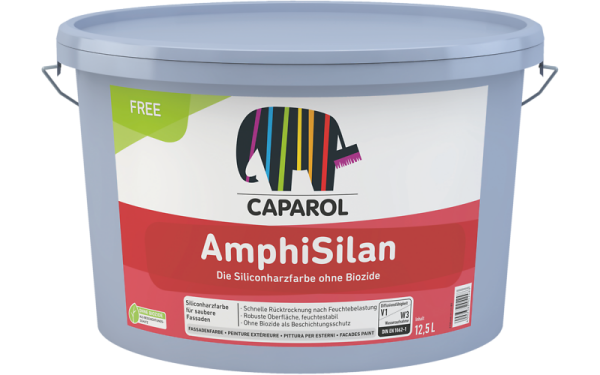 CAPAROL AmphiSilan FREE weiß 12,5L, Spezielle Siliconharz-Fassadenfarbe, für saubere, schnell abtrocknende Fassaden, ohne Biozide als Beschichtungsschutz