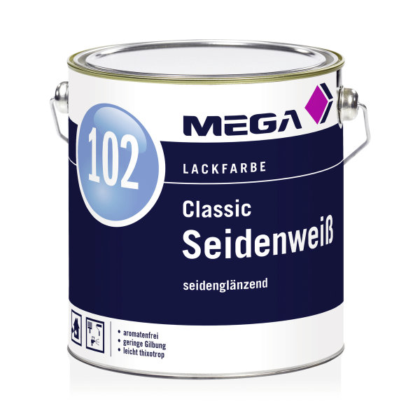 MEGA 102 Classic Seidenwei&szlig; 2,5L, Hochwertiger seidengl&auml;nzender Decklack, hoch kratz- und sto&szlig;fest, hohes Deck- und F&uuml;llverm&ouml;gen