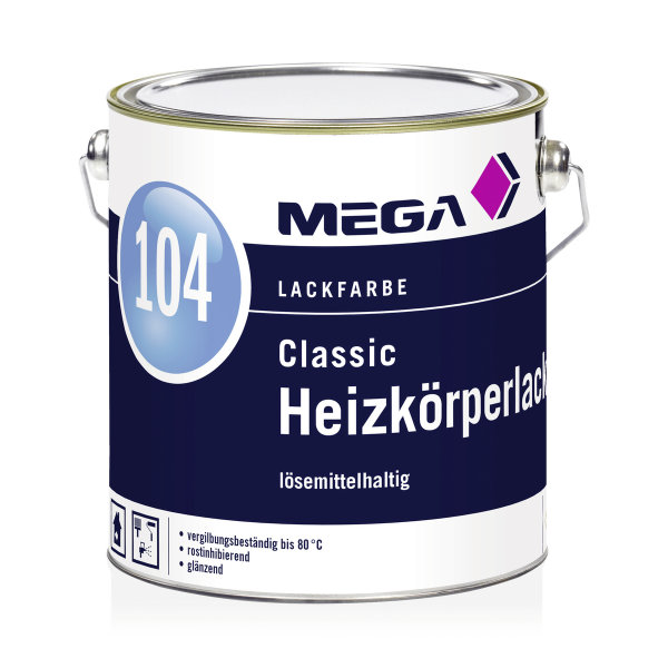 MEGA 104 Classic Heizkörperlack weiß 2,5L, hitzebeständig bis 180 °C, sehr schnelle Trocknung, glänzend, hohes Deck- und Füllvermögen