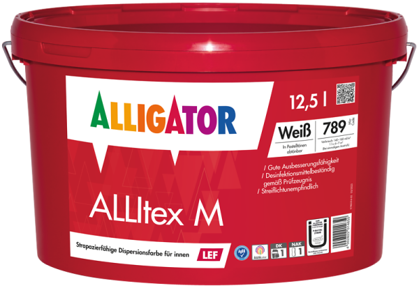 ALLIGATOR ALLItex M LEF weiß 12,5L, Hochdeckende Strapazierfähige Dispersionsfarbe, Streiflichtunempfindlich, Desinfektionsmittelbeständig