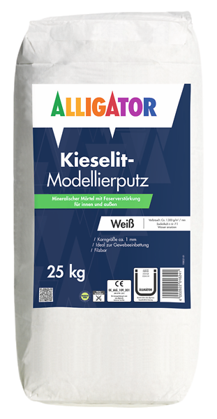 ALLIGATOR Kieselit-Modellierputz 25KG Naturweiß, Hoch diffusionsfähiger Mineralputz, Biozidfrei, Stoß- und kratzfest. Vielseitige Strukturiermöglichkeiten, für Innen / Außen