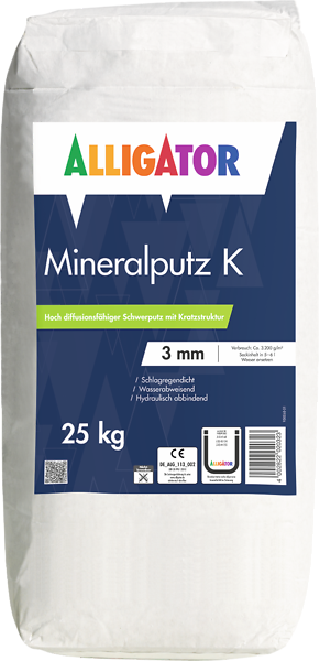 ALLIGATOR Mineralputz K 25KG weiß, Mineralischer Schwerputz mit Kratzstruktur, Biozidfrei, Wasserabweisend, Diffusionsfähig, f. Innen und Außen