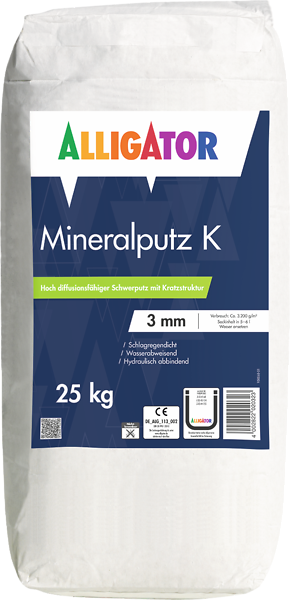 ALLIGATOR Mineralputz K 25KG weiß K 1,5mm, Mineralischer Schwerputz mit Kratzstruktur, Biozidfrei, Wasserabweisend, Diffusionsfähig, f. Innen und Außen