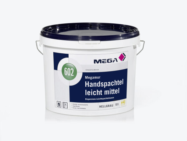 MEGA 602 Megamur Handspachtel leicht Mittel 10L hellgrau, Verarbeitungsfertig, diffusionsfähig, lösemittel- und weichmacherfrei, exzellente Verarbeitungseigenschaften