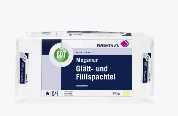 MEGA 607 Megamur Glätt-und Füllspachtel 25KG hellgrau, Kunstharzvergütete Gipsspachtelmasse, Oberflächengüten Q1 bis Q4, sehr gut schleifbar, optimale Haftungseigenschaften