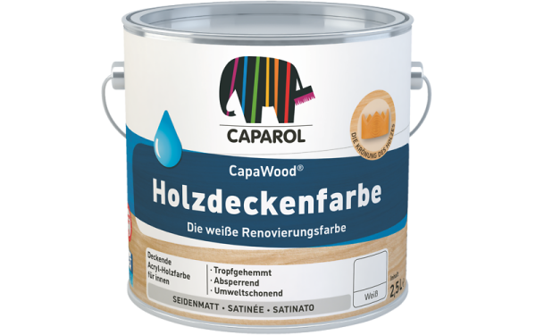 Caparol CapaWood Holzdeckenfarbe Renovierungsfarbe weiß seidenmatt wasserbasiert für Holzdecken und Wandvertäfelungen im Innenbereich