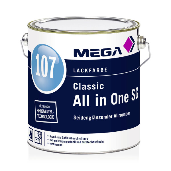 MEGA 107 Classic All in One SG 2,5L weiß, High-Tech-Ein-Topf-System Allroundlack mit hochwertiger Silikon-Technologie, extrem langlebige Oberfläche, ventilierend