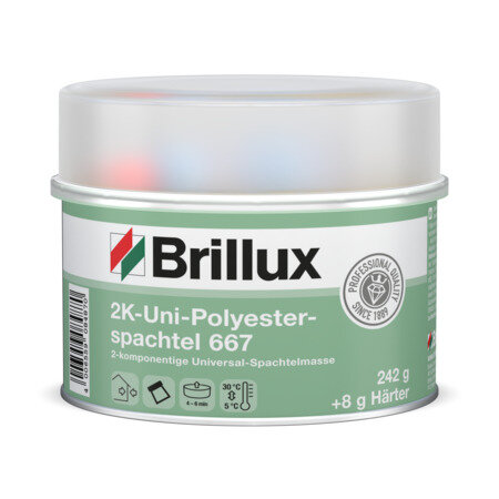 Brillux 2K-Uni-Polyesterspachtel 667,  Füllen von lokalen Schadstellen, z. B. auf Stahl, Aluminium, GFK und auf verzinkten Bauteilen, als Grob-, Füll- und Feinspachtel