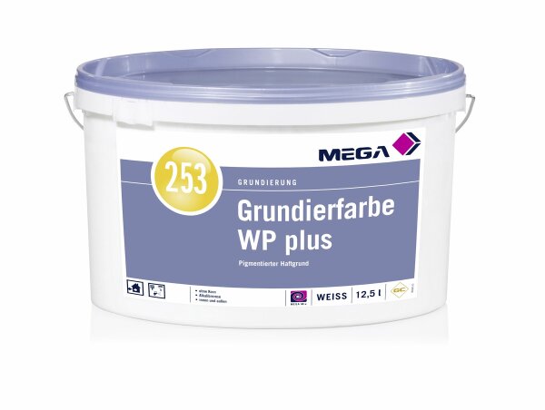 MEGA 253 Grundierfarbe WP plus weiß 12,5L, Grundbeschichtung Dispersions,- Siliconharz,- und Sol-Silikatfarben im Innen- und Außen, Erhöht die Offenzeit