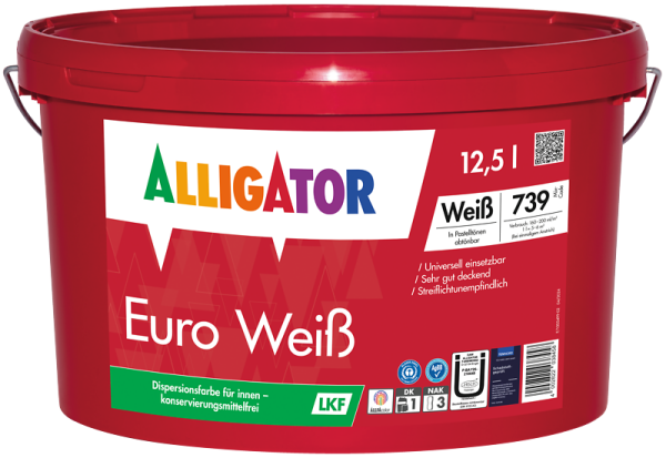 Alligator Euro Weiß LKF 12,5L, konservierungsmittelfreie hochdeckende Wand,-Deckenfarbe, Allergiker geeignet, Optimal zu verarbeiten