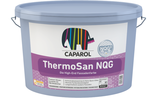 CAPAROL ThermoSan NQG Wunschfarbton 1,25L, Premium High-End Siliconharz-Fassadenfarbe, Schmutzabweisend durch NQG, Geschützt vor Algen- und Pilzbefall