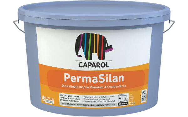 CAPAROL PermaSilan Wunschfarbton 5L, Elastische Premium-Fassadenfarbe für gerissene Putzflächen, Filmschutz gegen Algen- und Pilzbefall