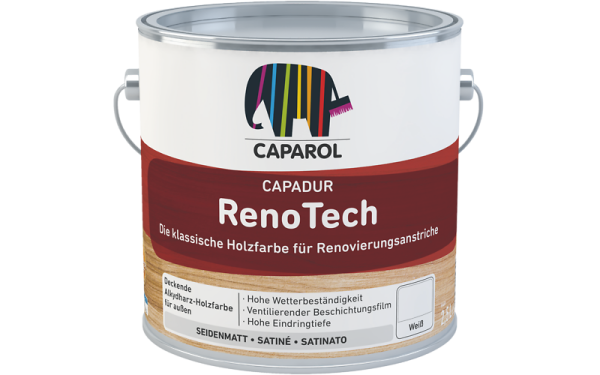CAPAROL Capadur RenoTech Holzfarbe Weiß 2,5L, extrem hoher Feuchteschutz Hydro-Perl-Effekt, hohe Wetterbeständigkeit, Pilzbefall-Schutz, Ventilierend
