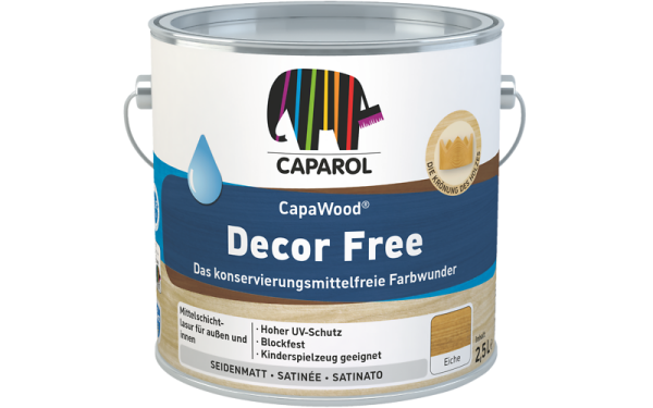 Caparol CapaWood Decor Free Wunschfarbton (ehemals DecorLasur KF) konservierungsmittelfreie Mittelschichtlasur für Holz im Innen- und Außenbereich mit hohem UV-Schutz und seidenmatter Oberfläche