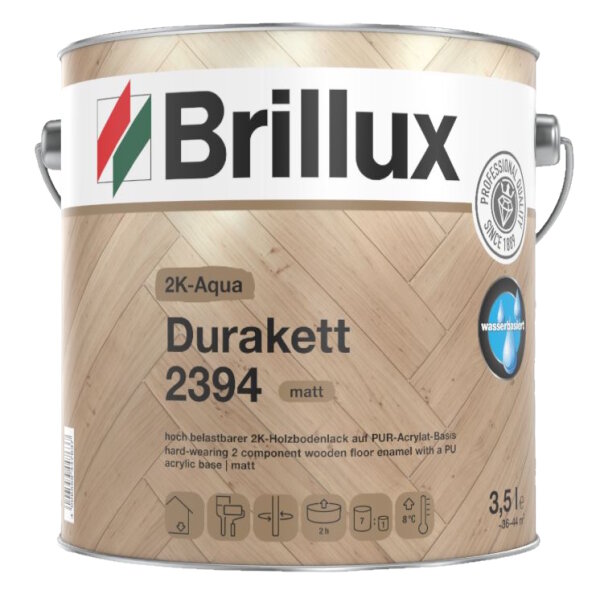 Brillux 2K-Aqua Durakett 2394, Wasserbasierte, zweikomponentige Versiegelung auf PUR-Acrylat-Basis für besonders widerstandsfähige, farblose oder farbige Versiegelungen auf Parkettfußböden, Dielen, Holzböden und -treppen mit hoher Frequentierung.