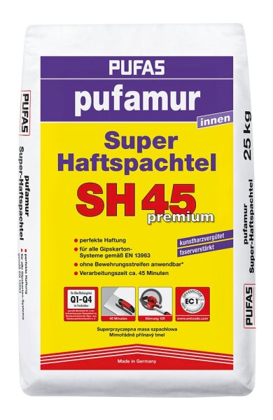 PUFAS Pufamur Super Haftspachtel SH 45, 1Kg Gipsspachtelmasse Kunstharzvergütet u. faserverstärkt, hervorragend zum Füllen von Rissen und Löchern, zum vollflächigen Glätten
