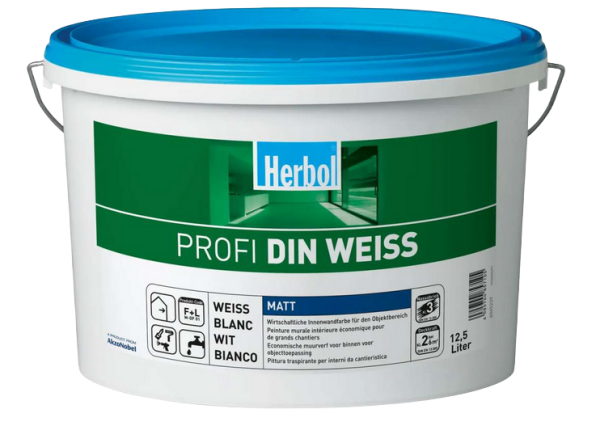 Herbol Profi DIN 12,5L weiß, Innenfarbe für Wände & Decken – matte, emissionsarme Dispersionsfarbe mit hoher Deckkraft & Nassabriebklasse 3 – Profiqualität für den Objektbereich