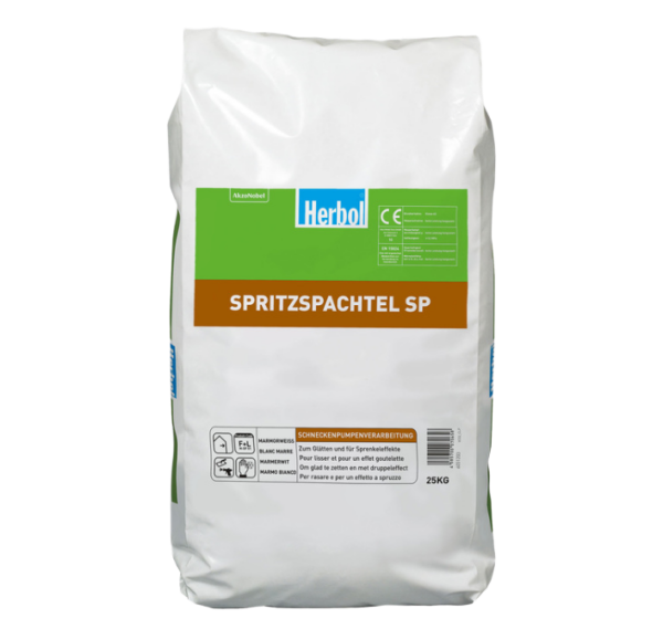 Herbol Spritzspachtel SP 25kg, Der rationelle Dispersionsflächenspachtel für die Schneckenpumpenverarbeitung. Für glatte, streich- und tapezierfähige Wand- und Deckenflächen im Innenbereich oder dekorativ als Sprenkelauftrag.