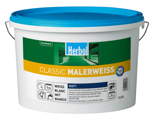 Herbol Classic Malerweiss 12,5L Die universell einsetzbare, matte Innenfarbe mit hoher Deckkraft. Für alle üblichen Innenflächen geeignet, emissionsarm, wasserverdünnbar und wirtschaftlich in der Verarbeitung.