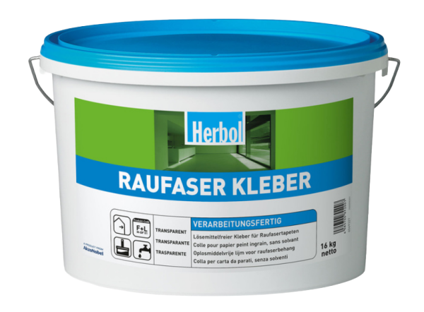 Herbol Raufaser Kleber 16kg Lösemittelfreier, gebrauchsfertiger Kleber für Raufasertapeten. Mit hoher Ergiebigkeit, schneller Trocknung und einfacher Verarbeitung – auch für Tapeziergeräte geeignet.