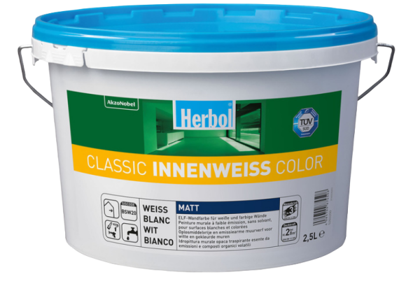 Herbol Classic Innenweiss Color 12,5L Hochwertige matte Innenfarbe für weiße und farbige Wände, emissionsarm, desinfektionsmittelbeständig