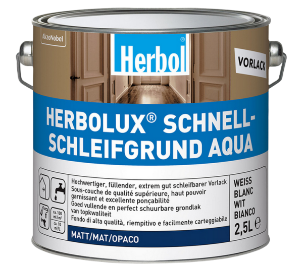 Herbol Schnellschleifgrund Aqua 2,5L weiß, ist ein wasserverdünnbarer, matter Vorlack für innen. Mit schneller Trocknung, guter Fülle und exzellenter Schleifbarkeit sorgt er für ein glattes, hochwertiges Endergebnis.