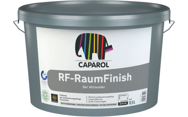 CAPAROL RF RaumFinish Wunschfarbton, hochdeckende füllende Innenfarbe, lange Offenzeit, diffusionsfähig, egalisiert Raufaserstöße, leicht zu verarbeiten