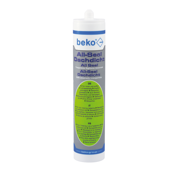 beko All-Seal Dachdicht 300ml, Kristallklarer Dichtstoff für Abdichtungen und Reparaturen auf feuchten oder öligen Untergründen, innen und außen einsetzbar.