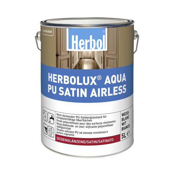 Herbol Herbolux Aqua PU Satin Airless 5L weiß, seidenglänzender PU-Lack für innen, Spritzbarer PU-Acryllack für hochwertige, strapazierfähige Oberflächen auf Holz, Metall und Kunststoff