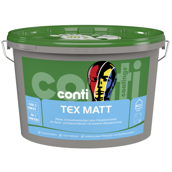 Conti Tex Matt weiß 12,5L Matte, scheuerbeständige Latex-Dispersionsfarbe, diffusionsfähig, beständig gegen Reinigungs- und Desinfektionsmittel