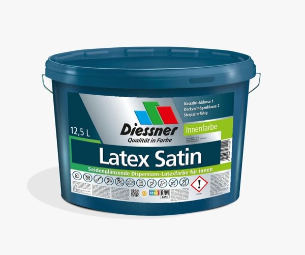 Diessner Diesco Latex Satin weiß 12,5L, seidenglänzende Dispersions-Latexfarbe, strapazierfähig leicht zu reinigen, diffusionsfähig, für Wand- und Deckenflächen