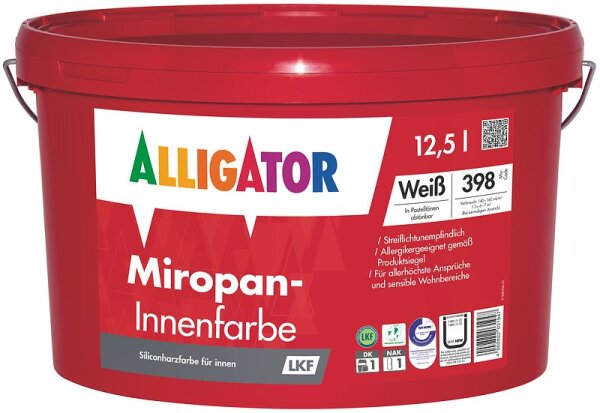 ALLIGATOR Miropan Innenfarbe LKF weiß 12,5L, Allergiker geeignete hochdeckende Siliconharz-Innenfarbe, Hoch diffusionsfähig, streiflichtunempfindlich