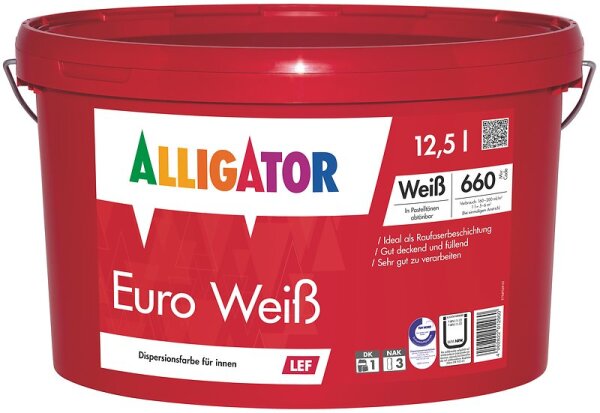 ALLIGATOR Euro Weiß LKF 12,5L, Dispersions-Innenfarbe mit maximaler Deckkraft1, Lösemittel- und Weichmacherfrei, Optimal zu verarbeiten