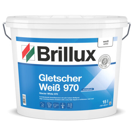 Brillux Gletscher Weiß ELF 970 15L, Hochwertige Innendispersion-Farbe, besonders hohes Deckvermögen und sehr hoher Weißgrad