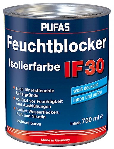 PUFAS Feuchtblocker Isolierfarbe IF30 750ml weiß, isoliert Wasserflecken, Ruß und Nikotin, verhindert Salzausblühungen, Innen,- u. Außen