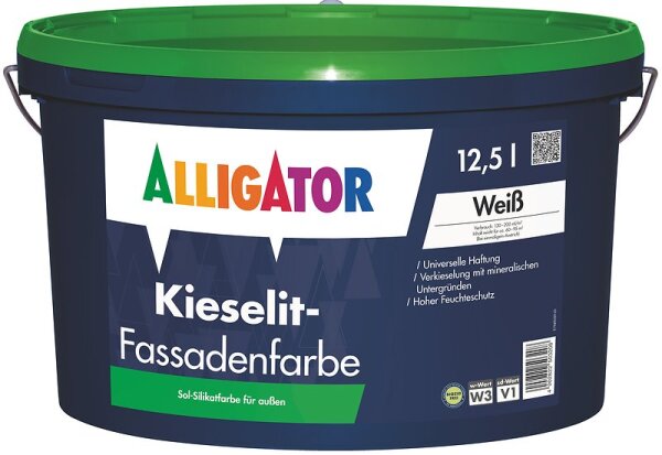 ALLIGATOR Kieselit-Fassadenfarbe wei&szlig; 12,5L,Dispersions-Silikatfarbe, Biozidfrei Algen,-Pilzschutz