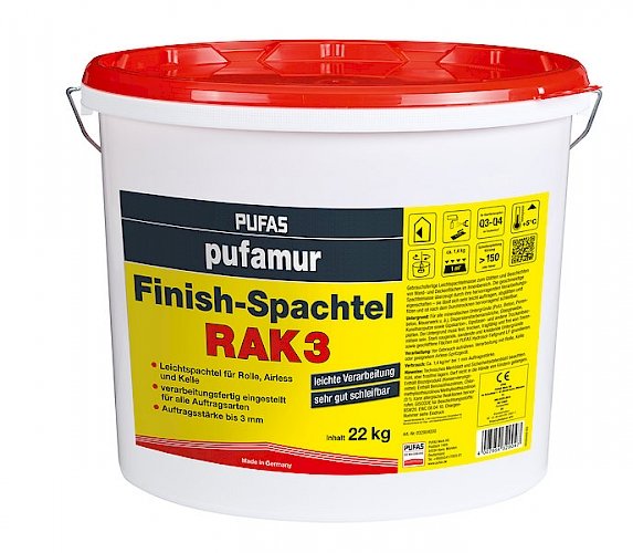 PUFAS pufamur Finish-Spachtel RAK3 hellgrau 22KG;Kunstharz-Leichtspachtelmasse zum Ausbessern, Gl&auml;tten und Beschichten f. Innen