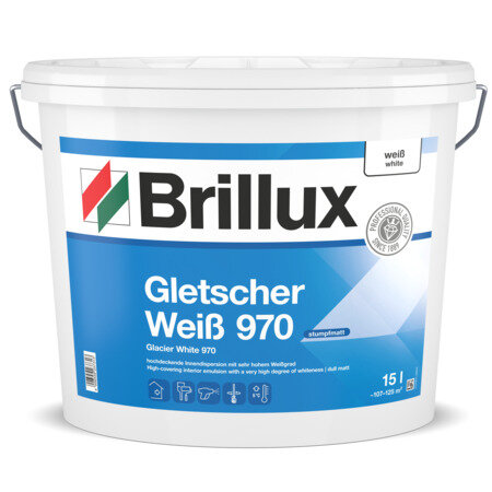 Brillux Gletscher Weiß ELF 970 Trendweiß 15L, Hochwertige Innendispersion-Farbe, besonders hohes Deckvermögen und sehr hoher Weißgrad