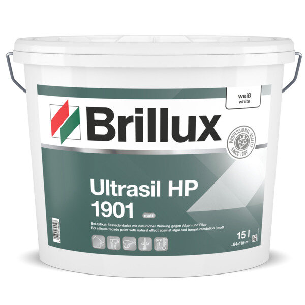 Brillux Ultrasil HP1901 Weiß, hochdeckende Sol-Silikat-Fassadenfarbe, ohne Biozidzusatz gegen Algen und Pilze, hoch wasserdampfdiffusionsfähige, tönbar