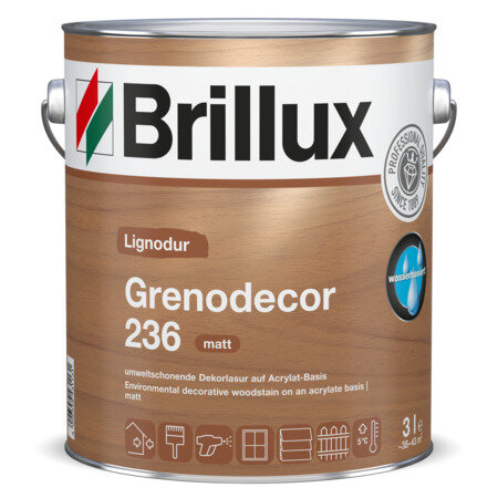Brillux Grenodecor 236 0,75L Kiefer, matte Holzlasur hoch diffusionsfähig, Umwelt- und gesundheitsschonend, blockfest, Ein-Topf-System, Spielzeug geeign.,