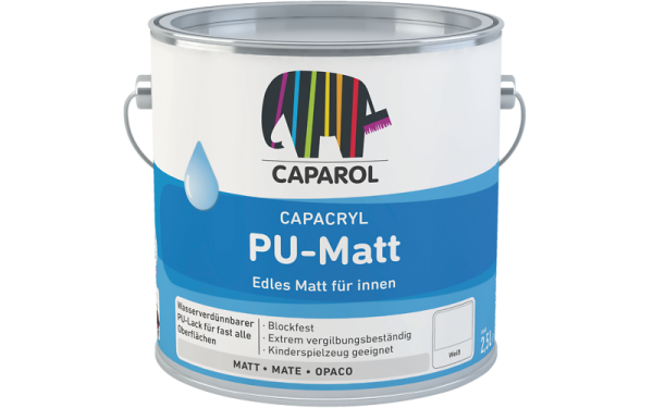 CAPAROL Capacryl PU-Matt weiß 0,75L, Edles Matt für Innen, Lack f. Holz,- Metall,- u. Hart PVC, Blockfest, Kinderspielzeug geeignet,-tönbar-