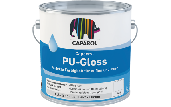 CAPAROL Capacryl PU-Gloss weiß 2,5L, glänzender Acryl-Lack f. Holz,-Metall,- u. Hart PVC, Hohe Kratz- u.Stoßfestigkeit, auch f .Kinderspielzeug