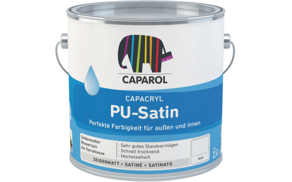 CAPAROL Capacryl PU-Satin weiß 2,5L, Seidenmatter Acryl-Lack f. Holz, Metall, Hart PVC, Hohe Kratz- u.Stoßfestigkeit, auch f .Kinderspielzeug