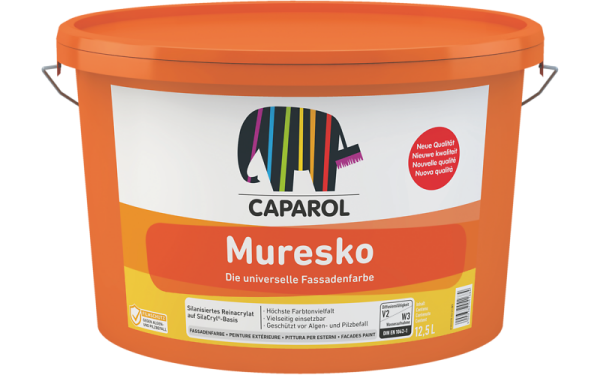 CAPAROL Muresko weiß 2,5L, Universelle Fassadenfarbe, silanisierte Reinacrylat, geschützt vor Algen- und Pilzbefall, sehr gut wasserabweisend, diffusionsfähig