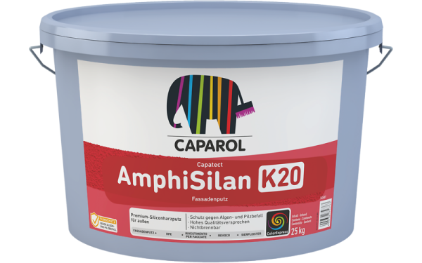 CAPAROL AmphiSilan Fassadenputz Weiß 25kg, Verarbeitungsfertiger Siliconharzputz, Wasserabweisend, Schutz vor Algen u. Pilzbefall